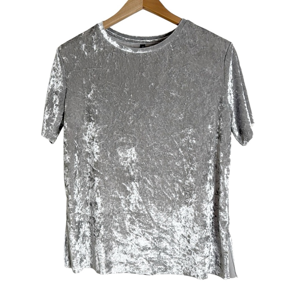Massini Women’s Crashed Velvet Top Grey Crew neck Short Sleeve Blouse size M